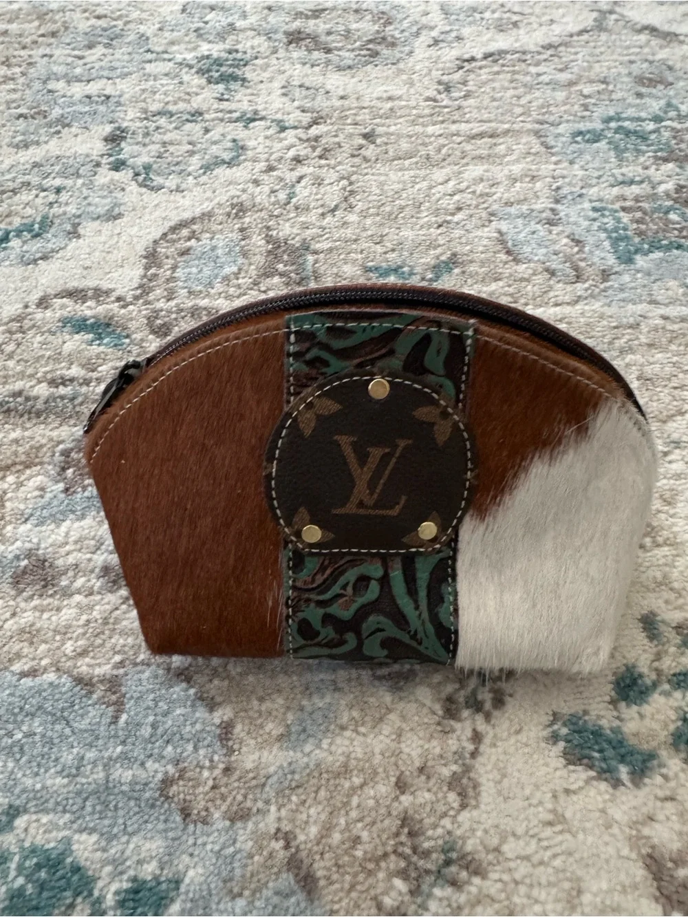 Western Cowhide Leather Cosmetic Makeup Bag Pouch Brown White Tooled Accent